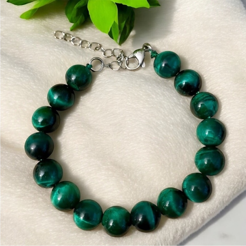 Green Tigers Eye Beaded Silver Bracelet